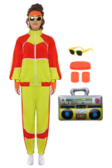 Retro 80s 6 Piece Set Fluorescent Colors Workout Disco Cosplay Costume Outfits Set for Adult Women Men Halloween Carnival Suit
