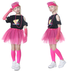 Retro 80s Pink 8 Piece Sportwear Mesh Tutu Dress Full Set For Kids Girls Cosplay Costume Outfits Halloween Carnival Party Suit