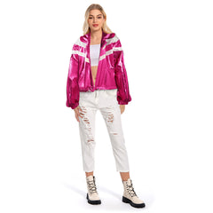 Retro 80s Pink Hip Hop Metallic Shiny Jacket For Adult Women Cosplay Costume Outfits Halloween Carnival Party Suit