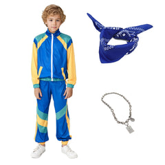 Retro Hip Hop Kids Children Blue Tracksuit Accessories 4 Piece Set Cosplay Outfits Halloween Party Suit