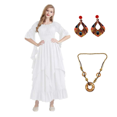 Retro Medieval Court Princesses White Dress Necklace Earrings Set Cosplay Outfits Halloween Party Suit