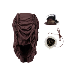 Retro Medieval Gothic Pirate Women Half Pleated Brown Skirt Hat Eyepatch Set Cosplay Outfits Halloween Party Suit