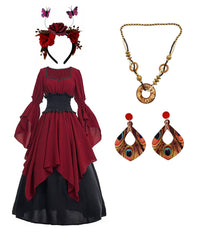 Retro Medieval Renaissance Victorian Pirate Witch 5 Piece Set Red Dress Cosplay Outfits Halloween Party Suit