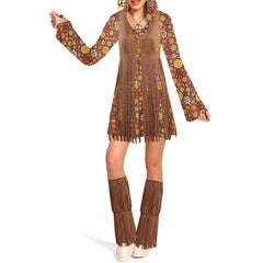 Retro 70s Disco Women Hippie Skirt 7 Piece Set Cosplay Outfits Halloween Party Suit