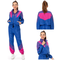 Retro 80s 90s Hip Hop Women Blue Sportswear Set Cosplay Outfits Halloween Party Shell Suit