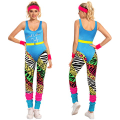Retro 80s Women Blue Disco Workout Sportswear 7 Piece Set Cosplay Outfits Halloween Party Suit