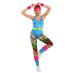 Retro 80s Women Blue Disco Workout Sportswear 7 Piece Set Cosplay Outfits Halloween Party Suit