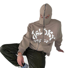 Unisex Retro Printed Masked Pullover  Hooded Sweatshirt Cosplay Outfits Halloween Party Suit