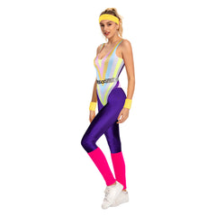 Women 80S Retro Purple Bodysuit 6 Piece Set Cosplay Outfits Halloween Party Suit