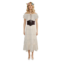 Women Renaissance Apricot Long Dress 5 Piece Set Cosplay Outfits Halloween Carnival Suit