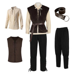 Adult Men 4 Piece Retro Medieval Steampunk Gothic Victorian Brown Top Pants Set Cosplay Costume Outfits Halloween Carnival Suit