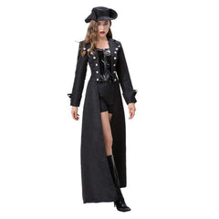 Adult Women Retro Medieval Punk Gothic Steampunk Long Trench Coat Cardigan 4 Piece Set Cosplay Costume Outfits Halloween Carnival Suit