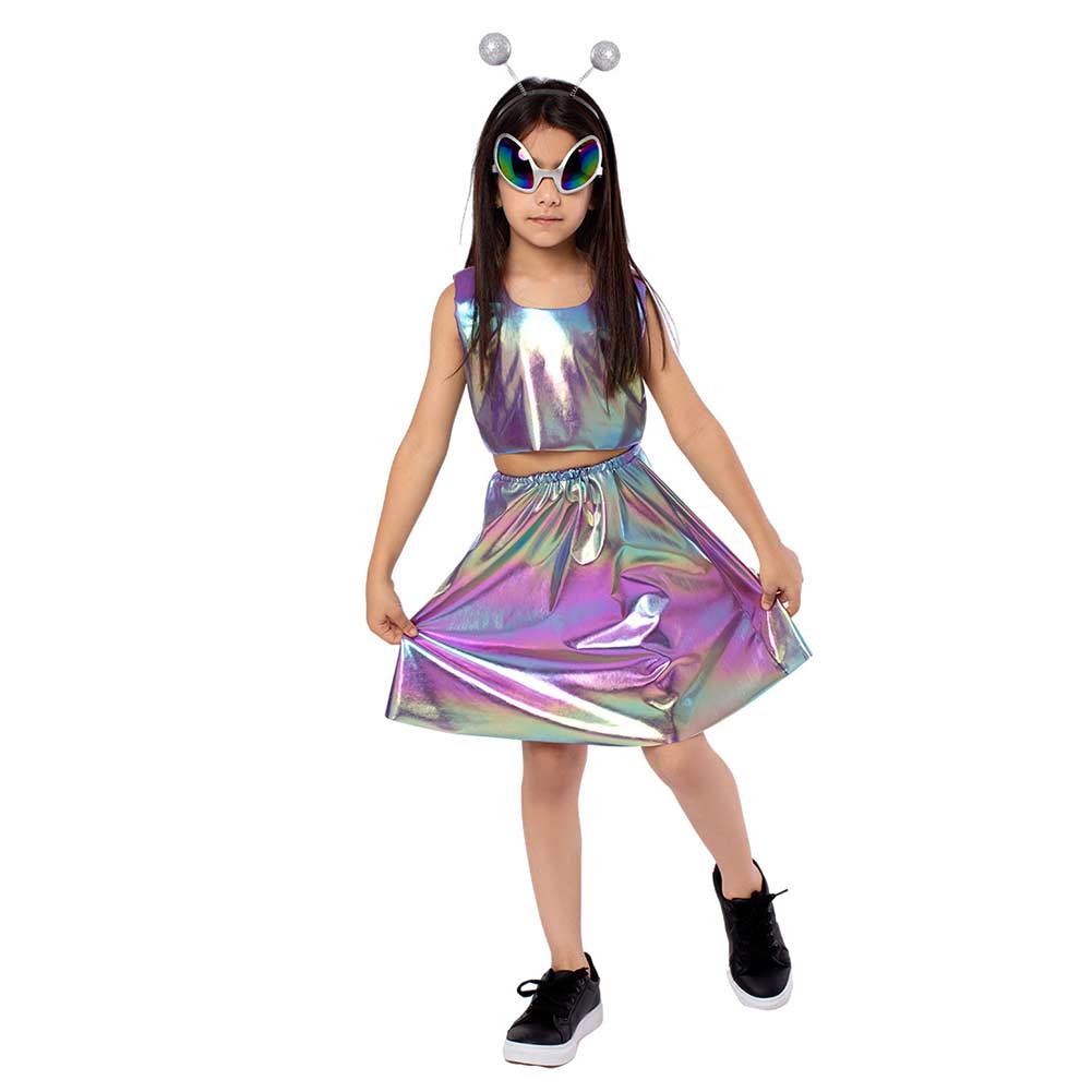 Alien Cosplay Girls Laser Split Dress Accessories 4 Piece Set Outfits Halloween Party Suit