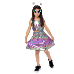 Alien Cosplay Girls Laser Split Dress Accessories 4 Piece Set Outfits Halloween Party Suit