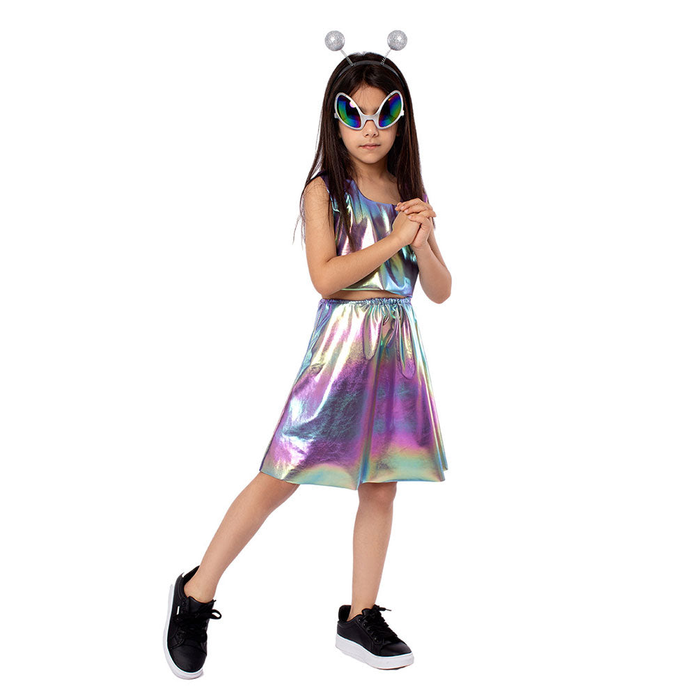 Alien Cosplay Girls Laser Split Dress Accessories 4 Piece Set Outfits ...