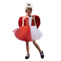 Angel Kids Girls White and Red Colorblocked 3 Piece Tutu Mesh Dress Set Cosplay Costume Outfits Halloween Carnival Suit