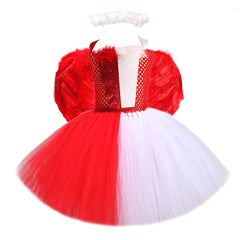 Angel Kids Girls White and Red Colorblocked 3 Piece Tutu Mesh Dress Set Cosplay Costume Outfits Halloween Carnival Suit