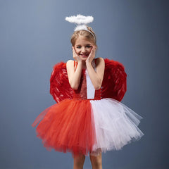 Angel Kids Girls White and Red Colorblocked 3 Piece Tutu Mesh Dress Set Cosplay Costume Outfits Halloween Carnival Suit