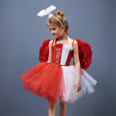 Angel Kids Girls White and Red Colorblocked 3 Piece Tutu Mesh Dress Set Cosplay Costume Outfits Halloween Carnival Suit