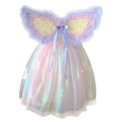 Angel Rainbow Kids Girls Mesh Princess Dress Wings 2 Piece Set Cosplay Outfits Halloween Party Suit