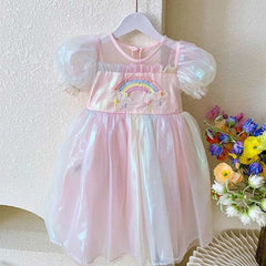 Angel Rainbow Kids Girls Mesh Princess Dress Wings 2 Piece Set Cosplay Outfits Halloween Party Suit