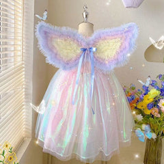 Angel Rainbow Kids Girls Mesh Princess Dress Wings 2 Piece Set Cosplay Outfits Halloween Party Suit