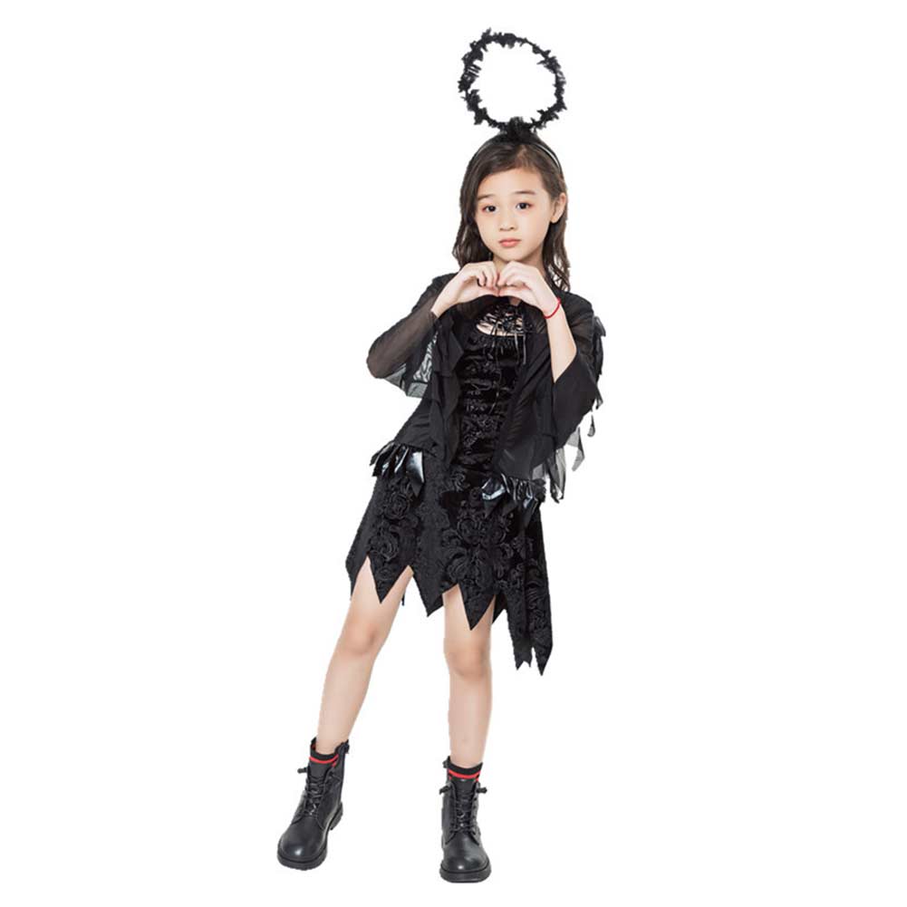 Black Angel Horror Witch Kids Girls 3 PCS Dress Set Cosplay Outfits Halloween Party Suit