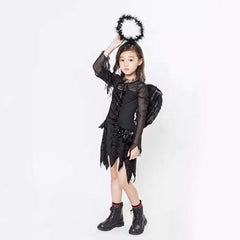 Black Angel Horror Witch Kids Girls 3 PCS Dress Set Cosplay Outfits Halloween Party Suit