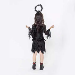 Black Angel Horror Witch Kids Girls 3 PCS Dress Set Cosplay Outfits Halloween Party Suit