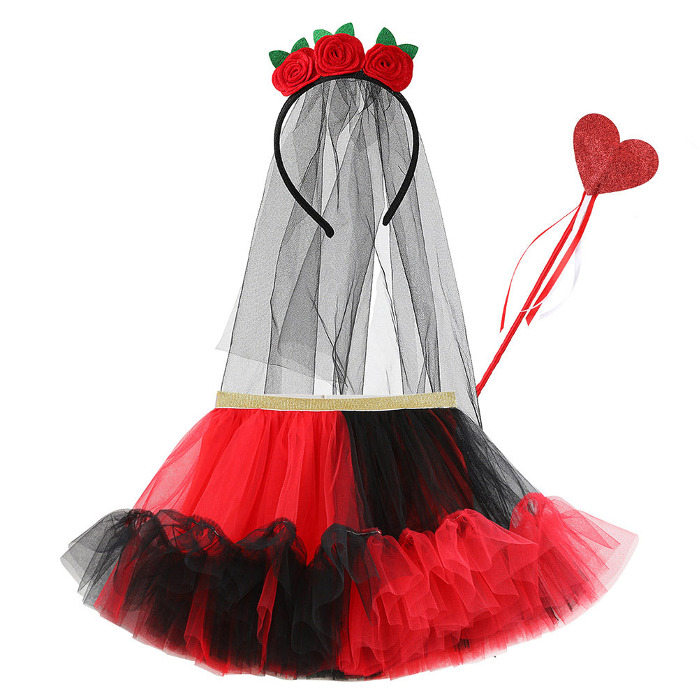 Bride Hairband Magic Stick 3 Piece Kids Girls Red Tutu Skirt Set Cosplay Costume Outfits Halloween Party Carnival Suit