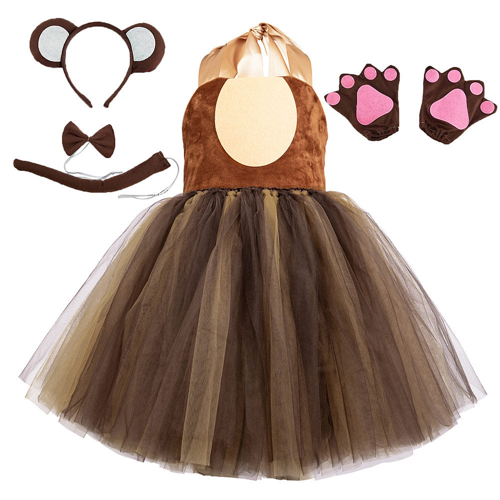 Brown Bear Kids Girls 5 Piece Set Mesh Tutu Dress Outfits Halloween Carnival Suit Cosplay Costume