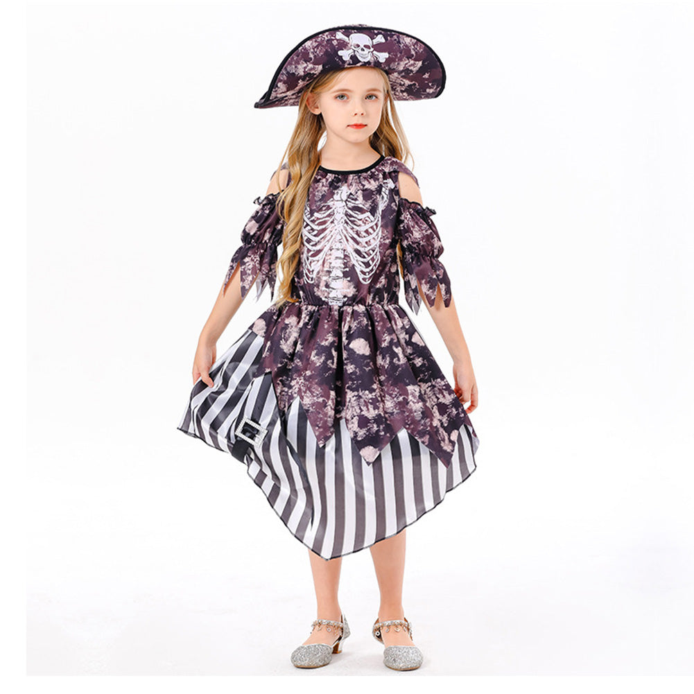 Caribbean Pirates Cosplay Costume For Kids Girls Printed Skirt Full Set Outfits Halloween Carnival Suit