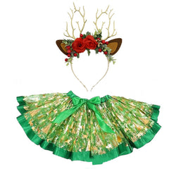 Christmas Deer Kids Girls Green Mesh Tutu Skirt 2 Piece Set Cosplay Outfits Halloween Party Suit