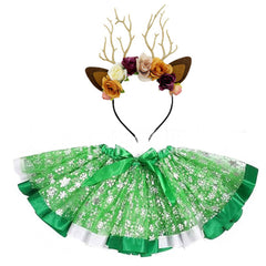 Christmas Deer Kids Girls Green Mesh Tutu Skirt 2 Piece Set Cosplay Outfits Halloween Party Suit