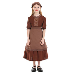 Colonial Style Kids Girls Brown Maid Lace Dress 3 Piece Set Cosplay Outfits Halloween Party Suit