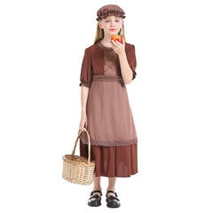 Colonial Style Kids Girls Brown Maid Lace Dress 3 Piece Set Cosplay Outfits Halloween Party Suit