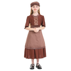 Colonial Style Kids Girls Brown Maid Lace Dress 3 Piece Set Cosplay Outfits Halloween Party Suit