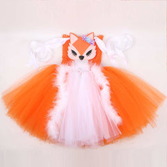 Cute Fox Kids Girls Tutu Mesh Dress With Headgear Cosplay Outfits Halloween Party Suit