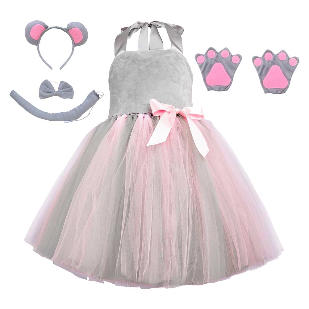 Cute Pink Mouse Kids Girls 5 Piece Mesh Tutu Dress Set Animal Cosplay Costume Outfits Halloween Carnival Suit