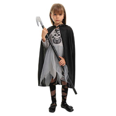 Death Kids Girls Mesh Dress With Cloak and Scythe Prop Cosplay Costume Outfits Halloween Carnival Suit