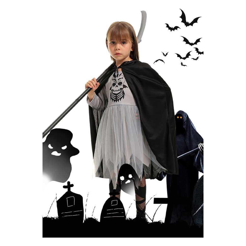 Death Kids Girls Mesh Dress With Cloak and Scythe Prop Cosplay Costume Outfits Halloween Carnival Suit