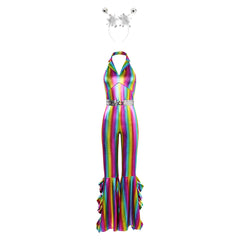 Disco Party Retro 70s Women Flared Jumpsuit 3 Piece Set Cosplay Outfits Halloween Carnival Suit