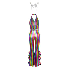 Disco Party Retro 70s Women Flared Jumpsuit 3 Piece Set Cosplay Outfits Halloween Carnival Suit