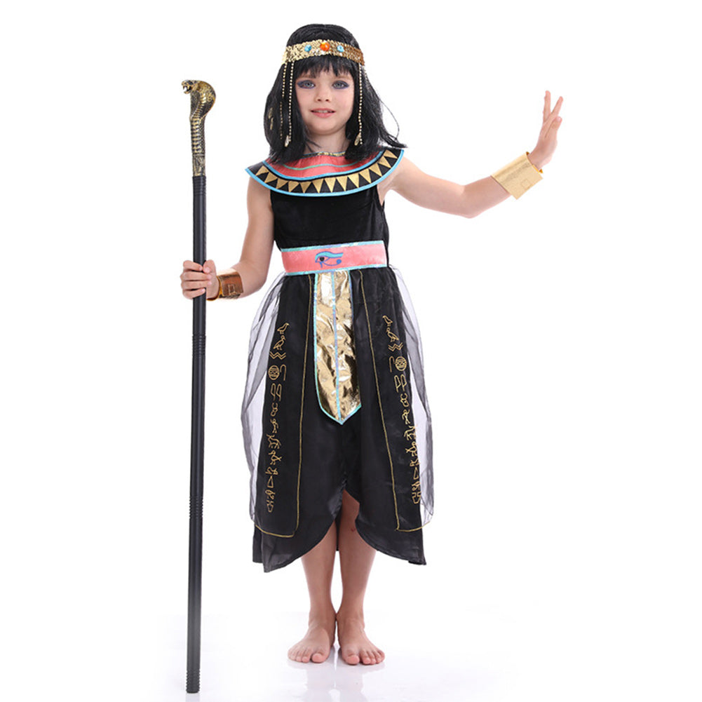 Egyptian Queen Kids Girls 3 Piece Black Dress Armguard Headgear Set Cosplay Costume Outfits Halloween Carnival Suit