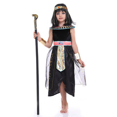 Egyptian Queen Kids Girls 3 Piece Black Dress Armguard Headgear Set Cosplay Costume Outfits Halloween Carnival Suit