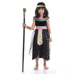 Egyptian Queen Kids Girls 3 Piece Black Dress Armguard Headgear Set Cosplay Costume Outfits Halloween Carnival Suit