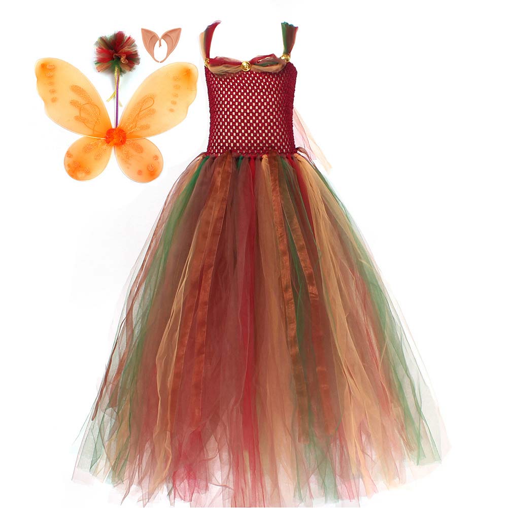 Elf Fairy Princess Midi Little Kids Mesh Dress 4 Piece Set Cosplay Outfits Halloween Party Suit