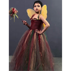 Elf Fairy Princess Midi Little Kids Mesh Dress 4 Piece Set Cosplay Outfits Halloween Party Suit