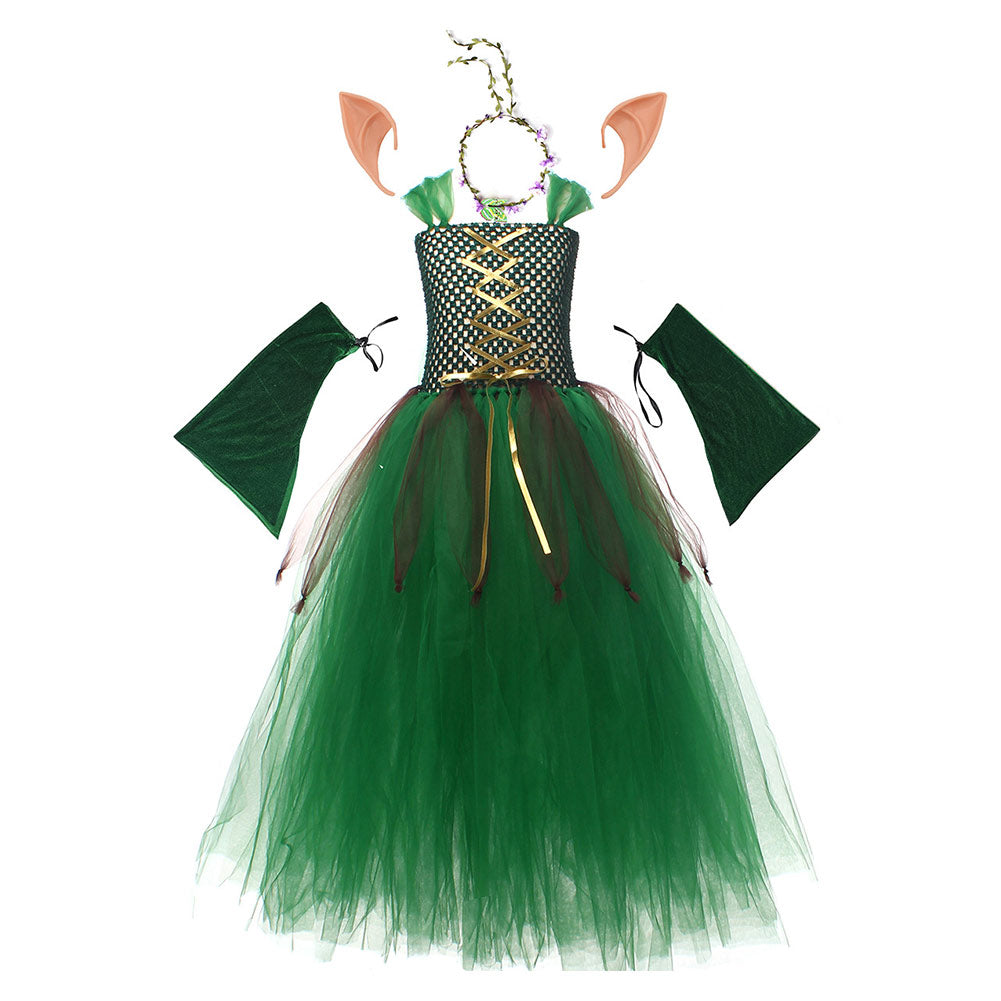 Forest Elf Princess Green Tutu Dress For Little Girls 4 Piece Set Cosplay Halloween Carnival Suit