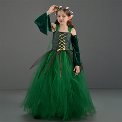 Forest Elf Princess Green Tutu Dress For Little Girls 4 Piece Set Cosplay Halloween Carnival Suit